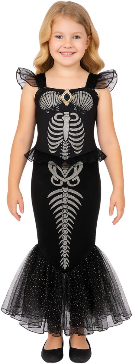 Joya Kids® | Halloween Mermaid jurk meisje | Verkleedjurk skelet zeemeermin | Zwart met tule & glitter | Meisjes kostuum carnaval verkleedkleding | Maat 120